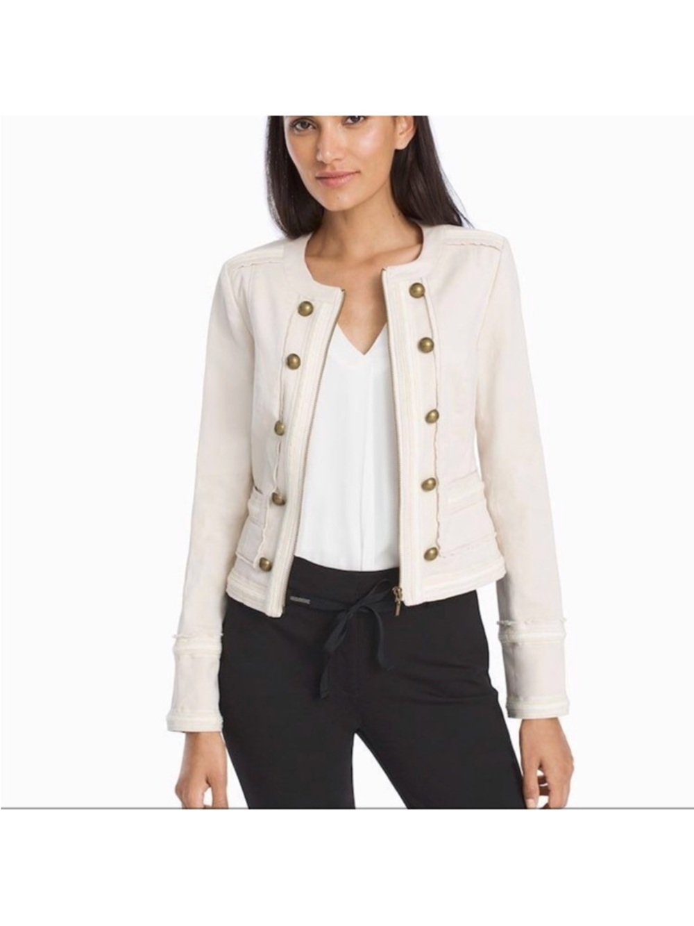 White House Black Market WHBM Cream Military Style Blazer Jacket 2